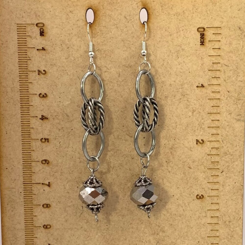 Handmade Pierced Earrings 3" Long Dangle Silver Grey Glass & Metal LA105